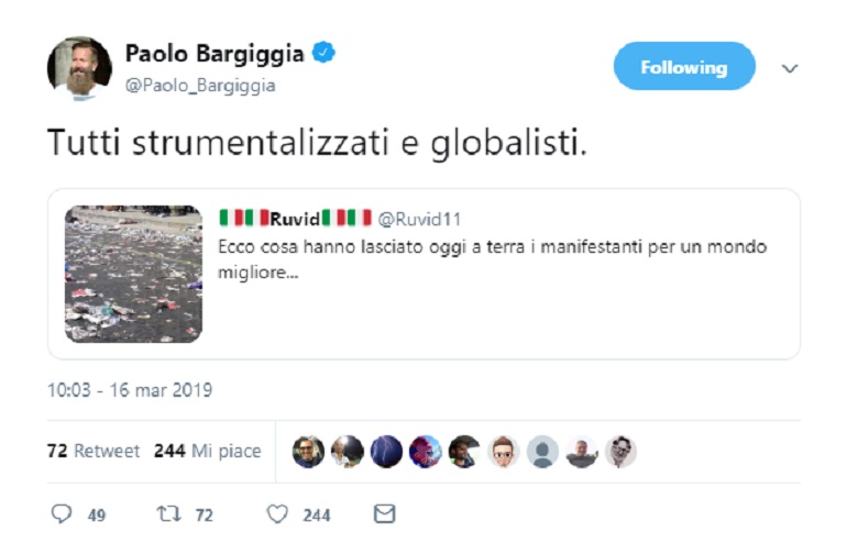 Paolo Bargiggia su Twitter pubblica una foto fake della strada sporca dopo la manifestazione Friday for Future