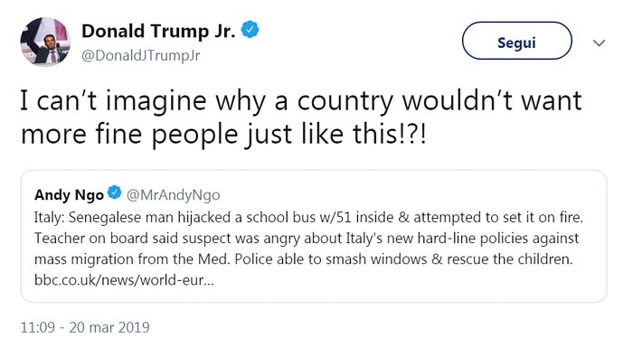 Bus a fuoco, Donald Trump Jr ironizza su Twitter: "Perché non dovremmo volere gente perbene così?"