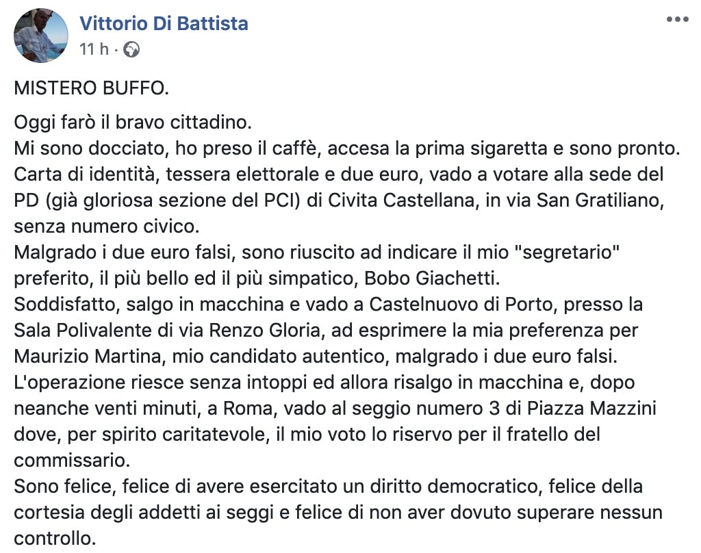 Primarie Pd, Vittorio Di Battista su Facebook: "Ho votato in tre seggi diversi". Ma l'orario lo smentisce