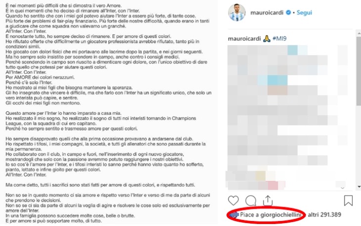 Icardi-Juventus, il like di Chiellini al post Instagram come indizio