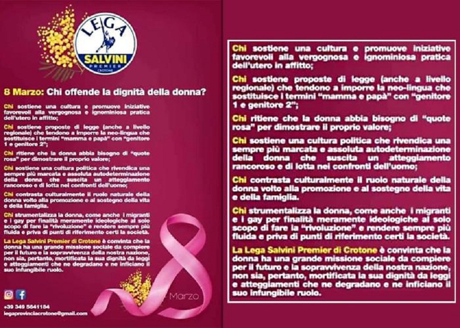 8 Marzo, il volantino dei giovani leghisti sul "ruolo naturale della donna" che è un ritorno al Medioevo