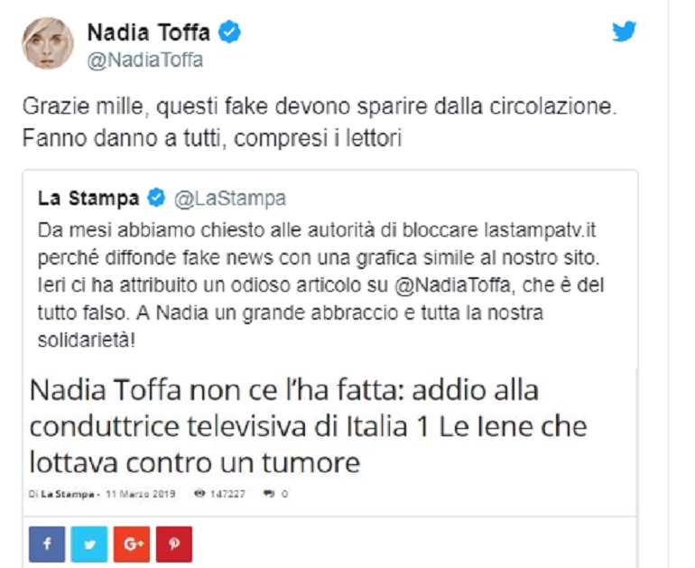 "Nada Toffa è morta", la bufala sui social. Lei: "Questi fake devono sparire"