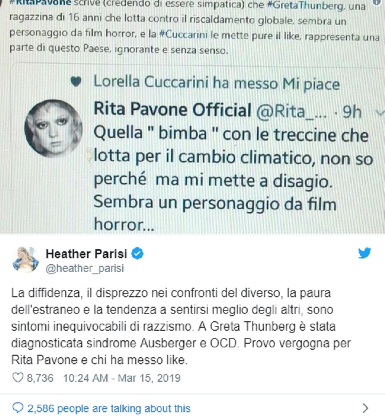 Heather Parisi: "Quel mi piace della Cuccarini al tweet della Pavone contro Greta"