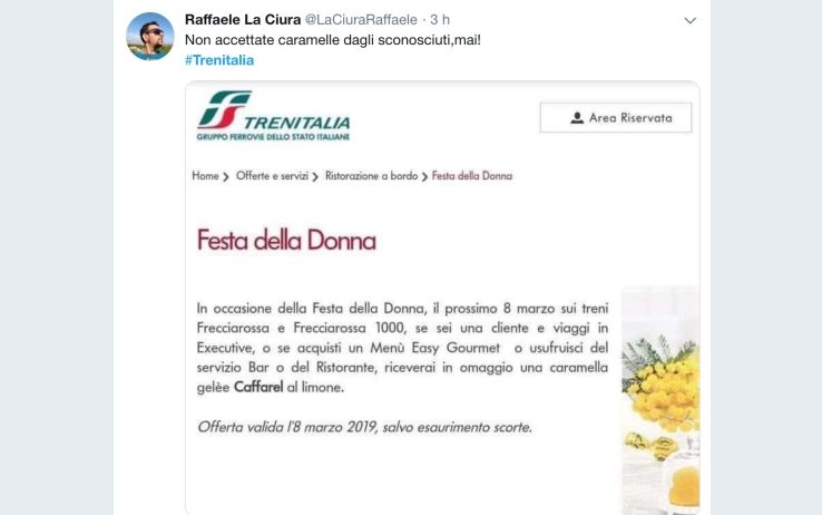 Trenitalia e la caramella in dono alle clienti l'8 marzo: il web non perdona