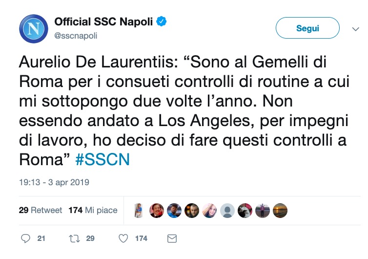 De Laurentiis all'ospedale Gemelli di Roma per controlli di routine