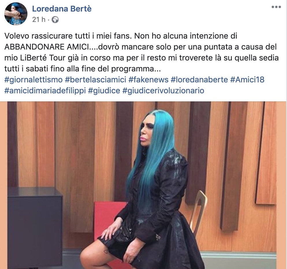 Rettifica: Loredana Bertè non lascia Amici. Resta giudice