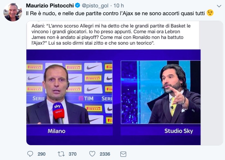 Lite Allegri-Adani, Pistocchi si schiera dalla parte dell'opinionista Sky