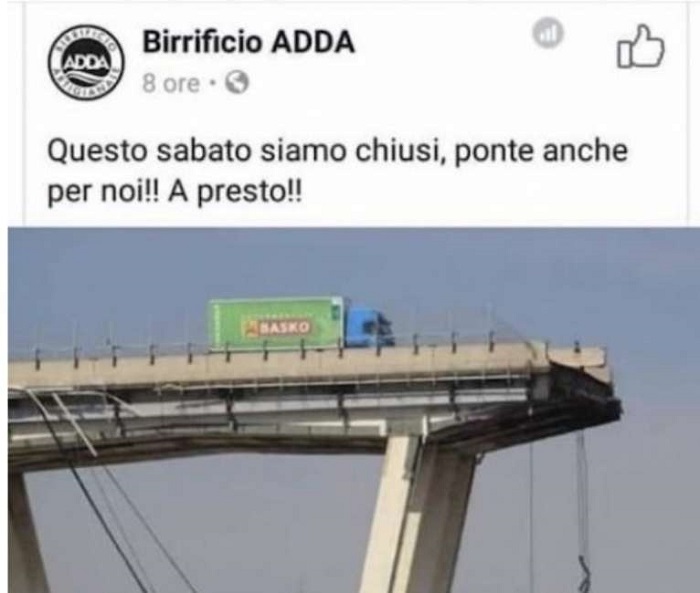 Ponte Morandi, FOTO usata per pubblicità dal birrificio bergamasco