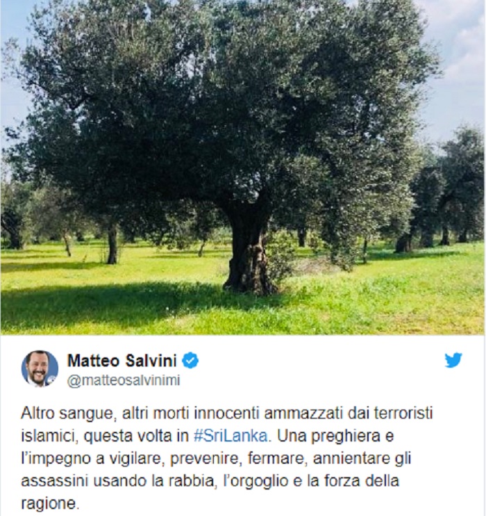 Sri Lanka, Salvini su Twitter: "Terroristi islamici..."