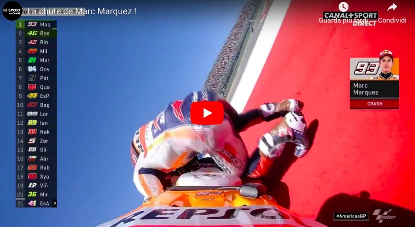 Marc Marquez, caduta rovinosa ad Austin: fuori da gara che stava dominando