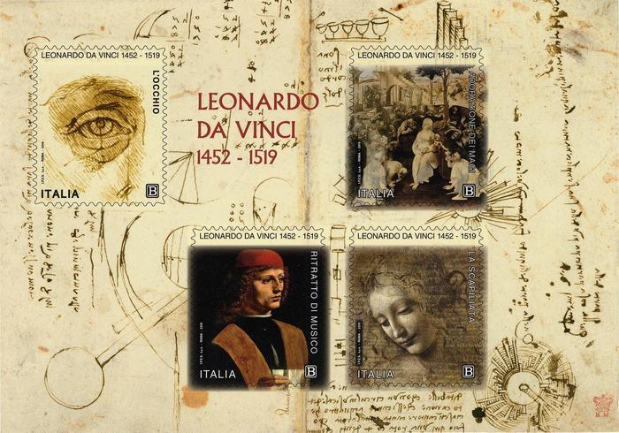 Leonardo, 4 francobolli emessi nel 5 centenario della scomparsa. L'annullo nelle Poste degli Uffizi