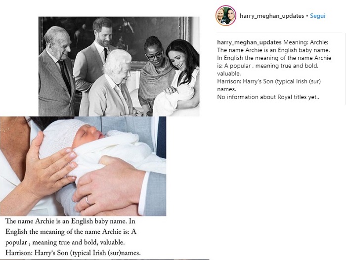 Royal baby, Archie è il nome del figlio di Harry e Meghan Markle