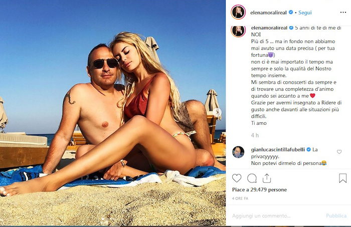 Elena Morali, dedica romantica a Scintilla per l'anniversario. Lui: "Non me lo potevi dire di persona?"