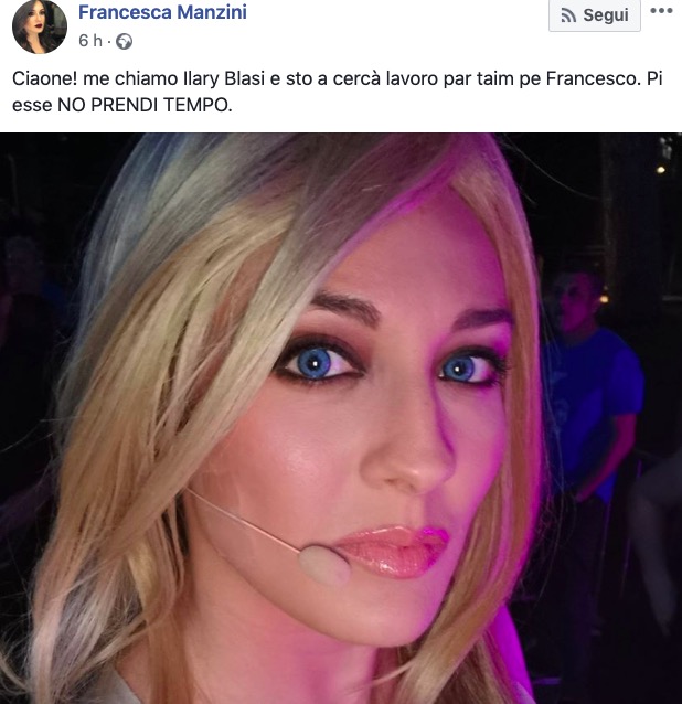 Francesca Manzini, la finta Ilary Blasi cerca lavoro a Francesco Totti: "Anche par taim..."