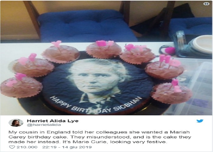 Mariah Carey, l'errore della pasticceria sulla torta per la fan: il volto è quello di Marie Curie