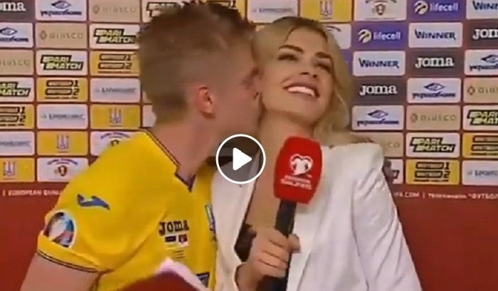 Oleg Zinchenko bacia la giornalista Vlada Sedan in diretta dopo la vittoria dell'Ucraina YOUTUBE