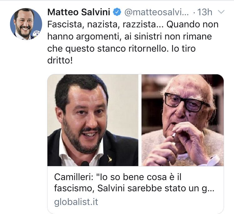 Camilleri diceva: "Salvini mi ricorda gli anni 30 del fascismo". Salvini omaggia lo scomparso