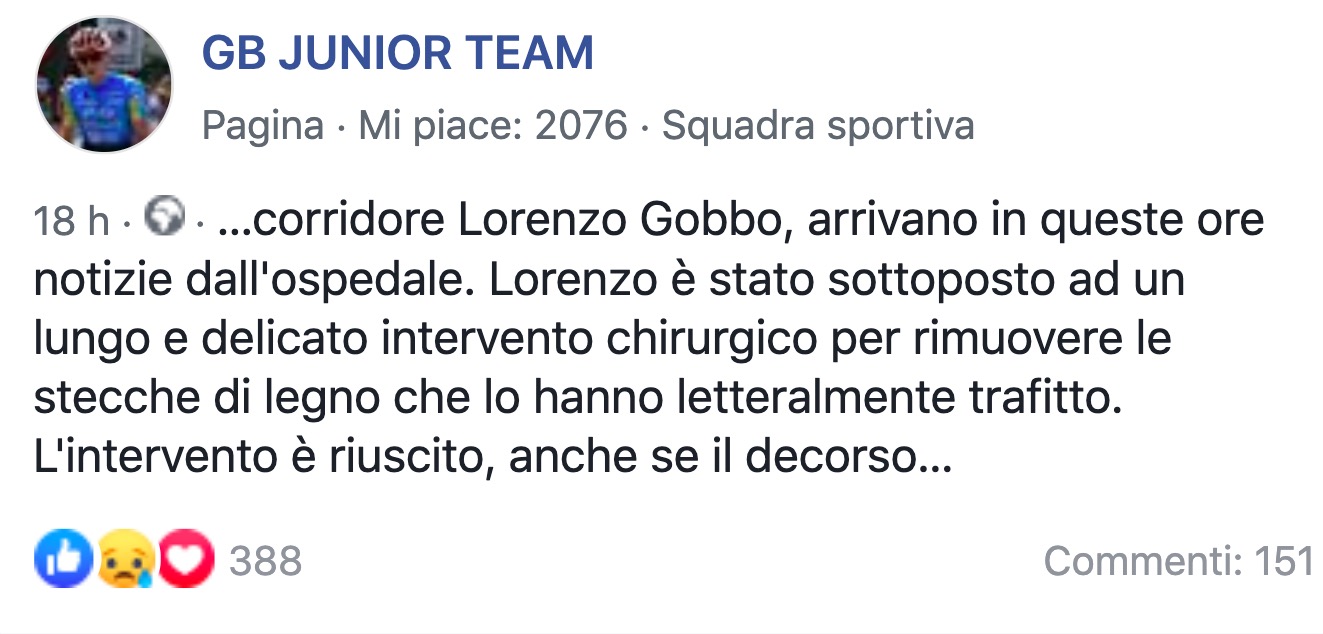 Lorenzo Gobbo trafitto in pista, tremendo incidente per ciclista italiano: ora è fuori pericolo