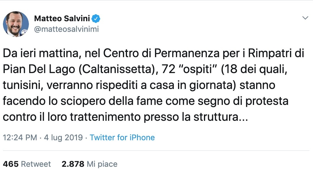 Salvini su Twitter: "Migranti al centro di permanenza in sciopero della fame. Così risparmiamo"