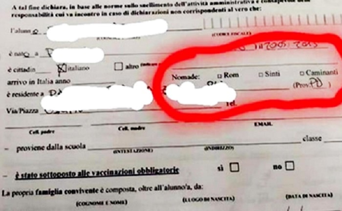 Veneto, modulo d'iscrizione alla scuola elementare con casella etnica: "Sei sinti o rom?"