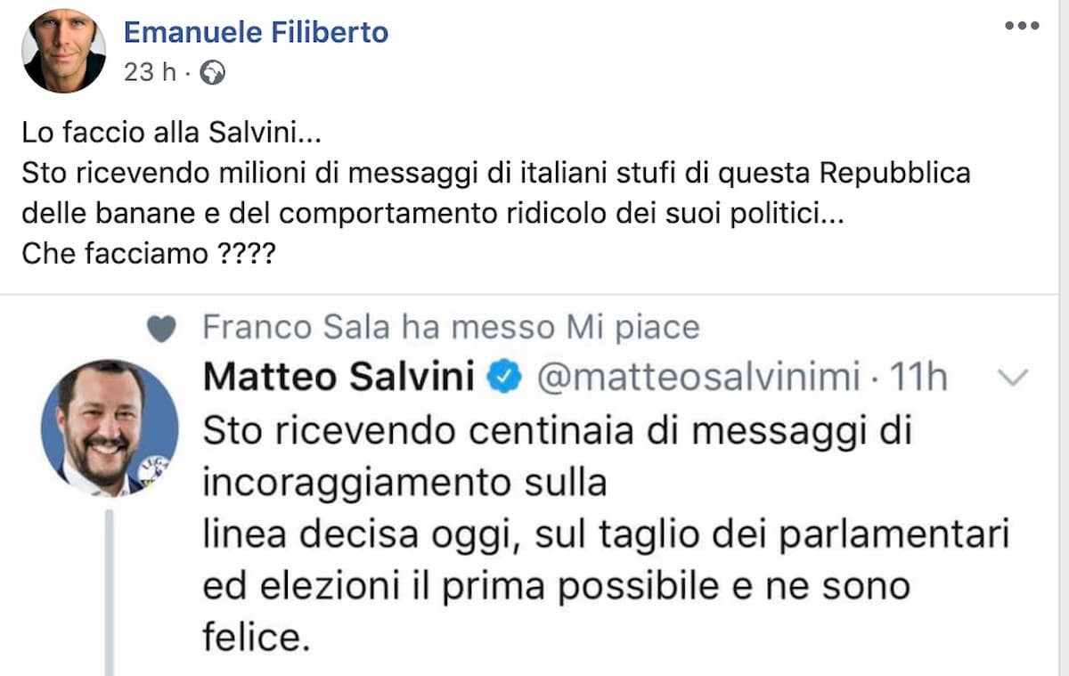 Il post di Emanuele Filiberto di Savoia su Facebook