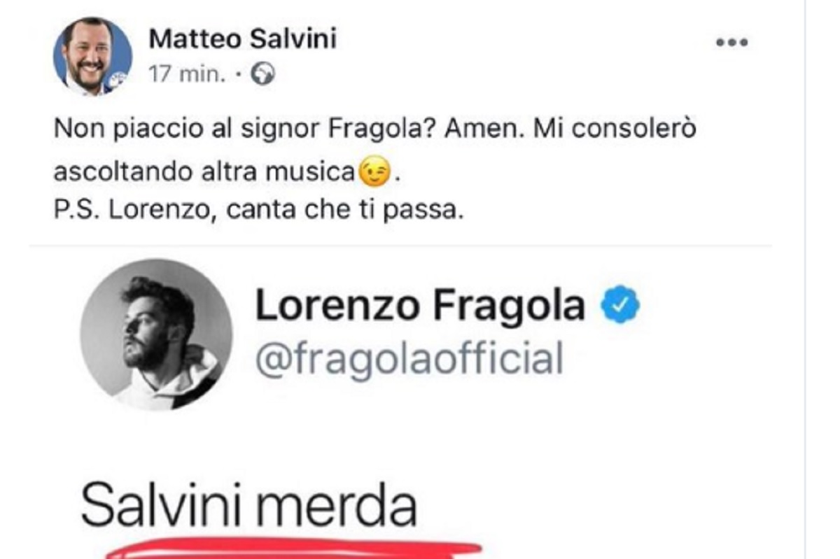 Lorenzo Fragola su Twitter: "Salvini m...a". Lui replica: "Canta e che ti passa"