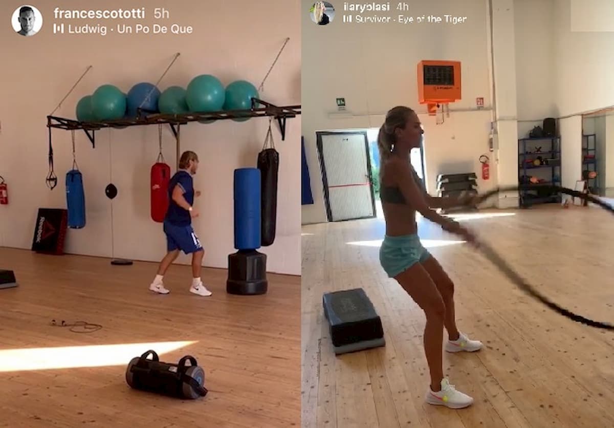 Totti e Ilary Blasi, l'allenamento è una sfida social