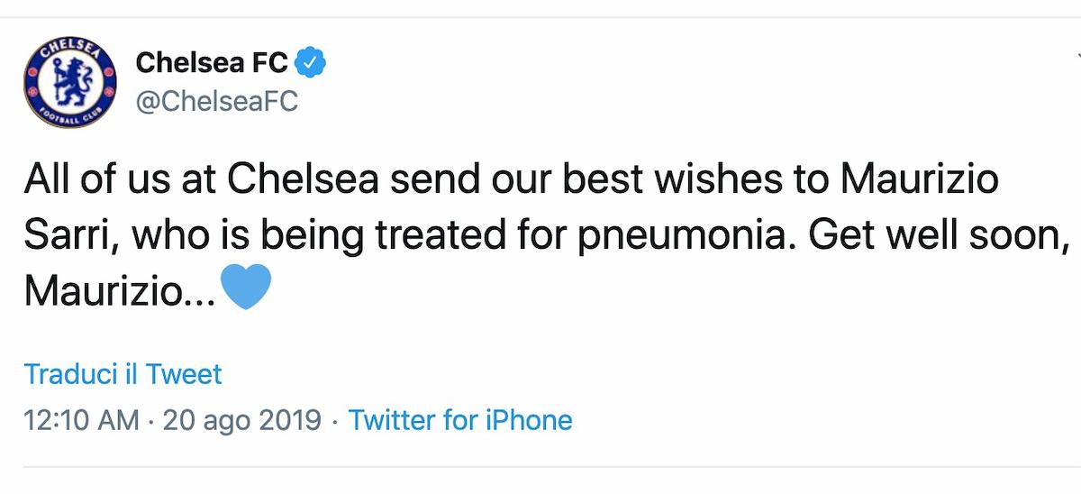 Juventus Sarri polmonite Chelsea auguri via Twitter ex tecnico