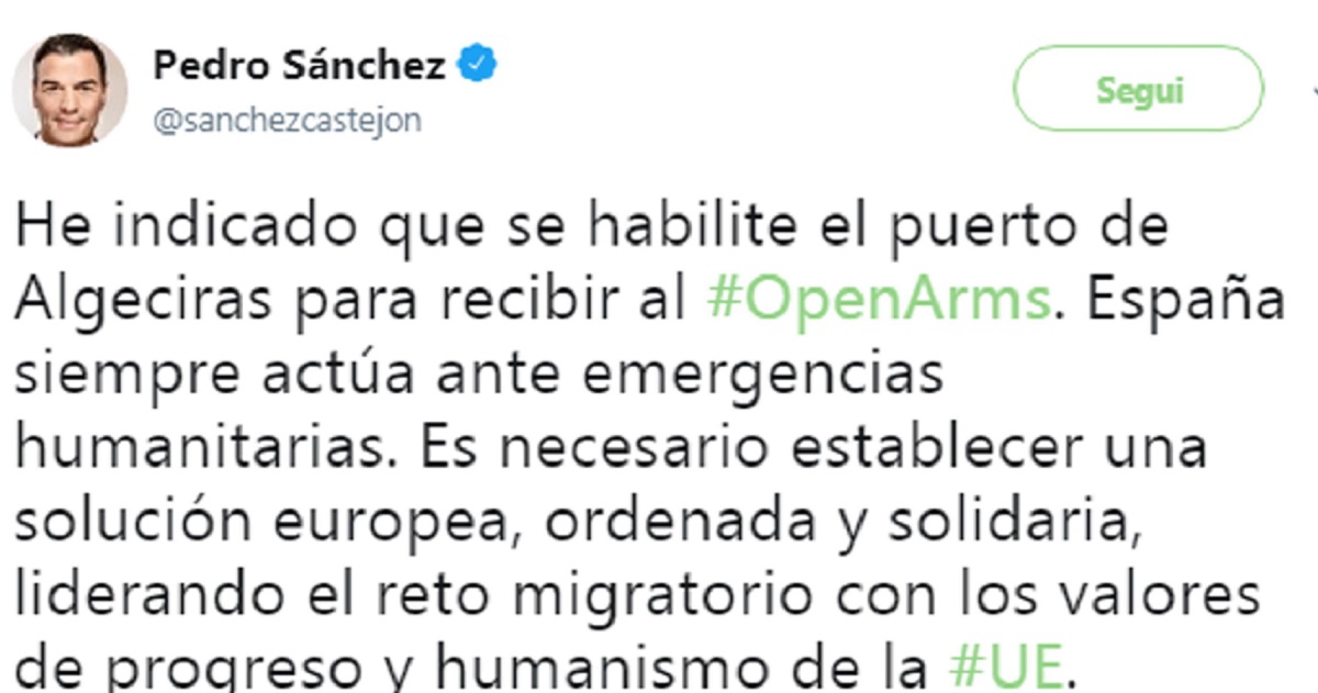 Il tweet del premier spagnolo
