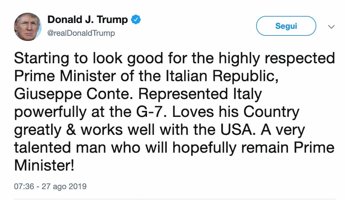Il tweet di Trump su Conte