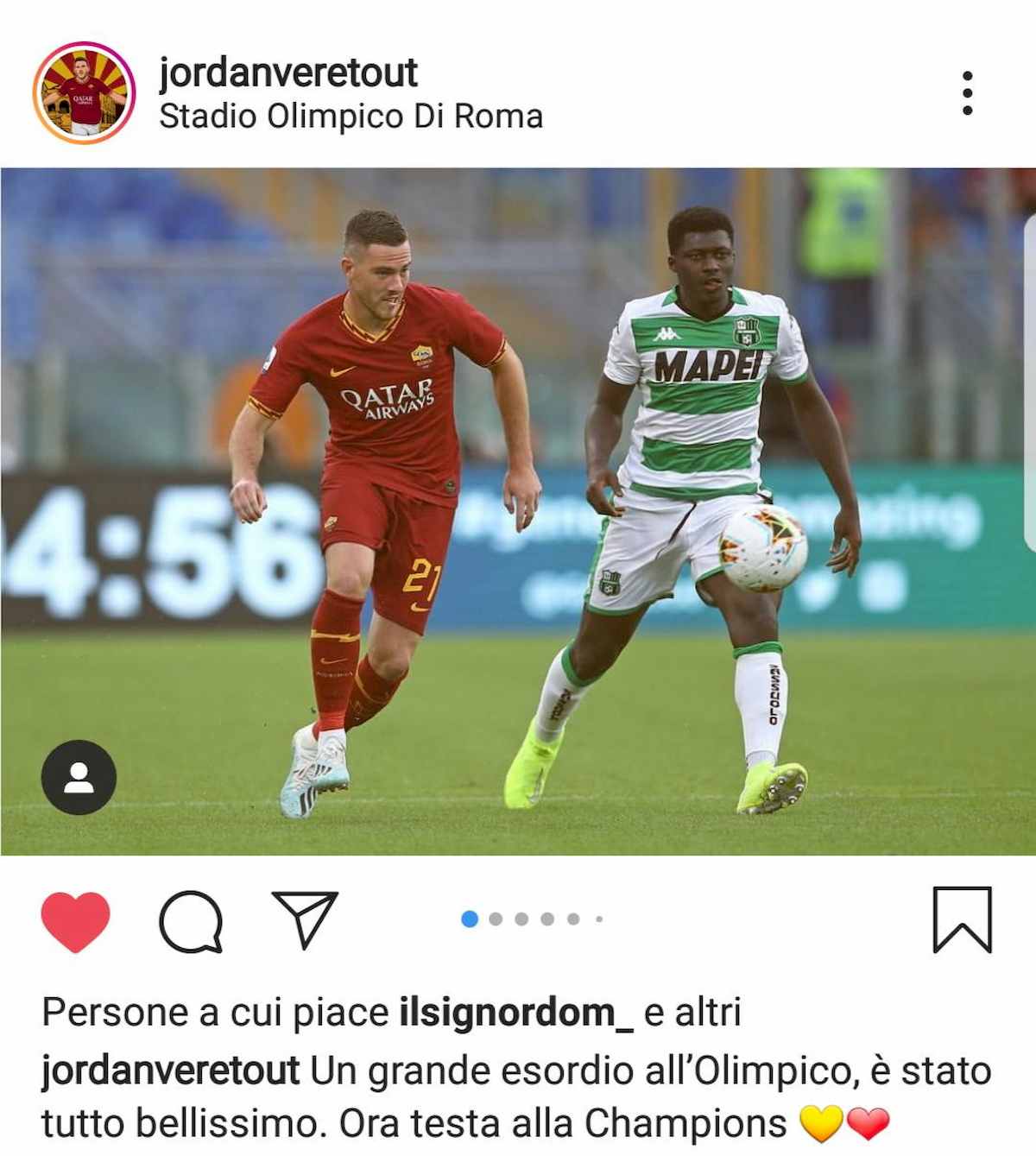 Veretout gaffe Instagram esordio Roma ecco cosa ha scritto