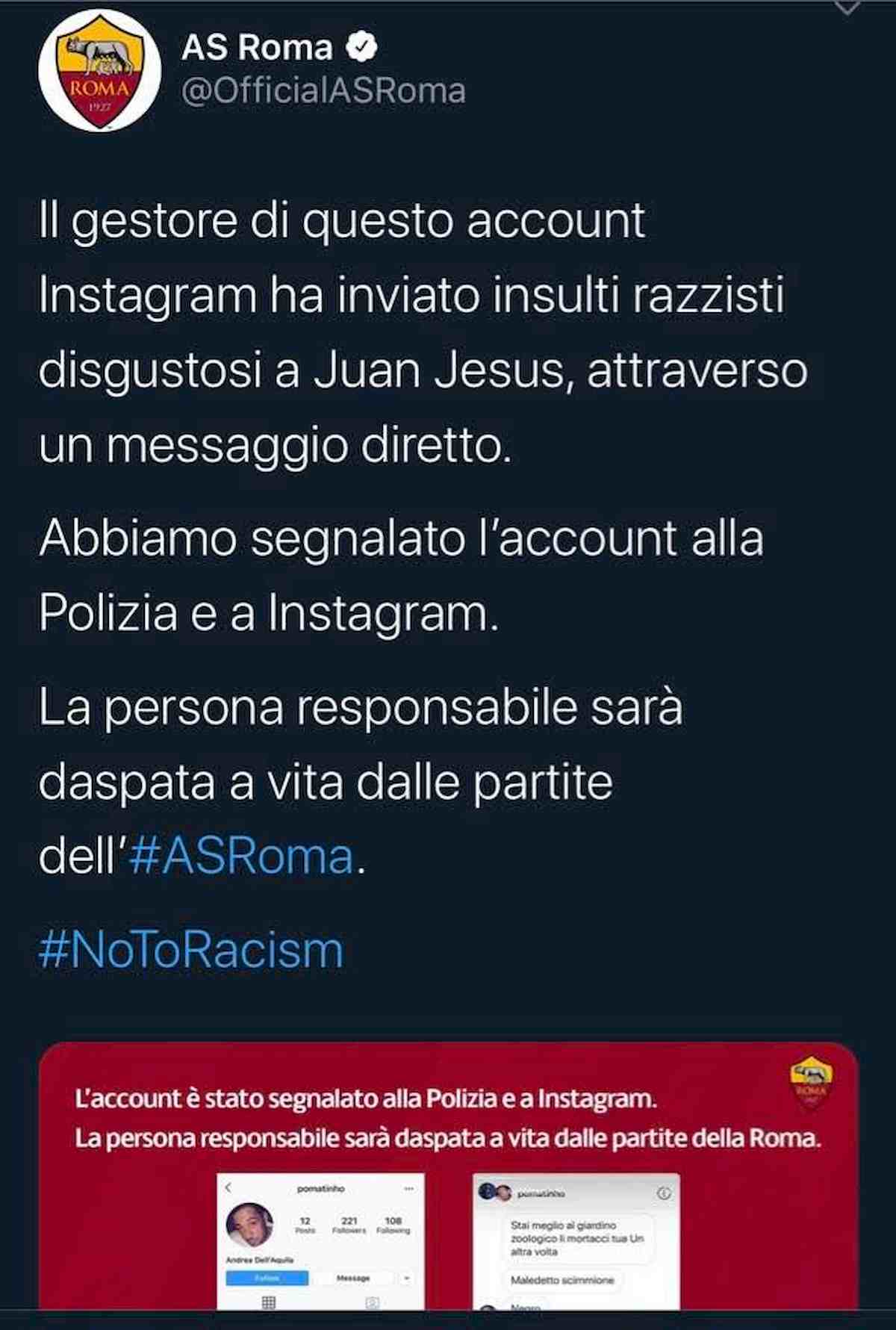 Insulti Jesus Roma daspa tifoso denuncia polizia postale