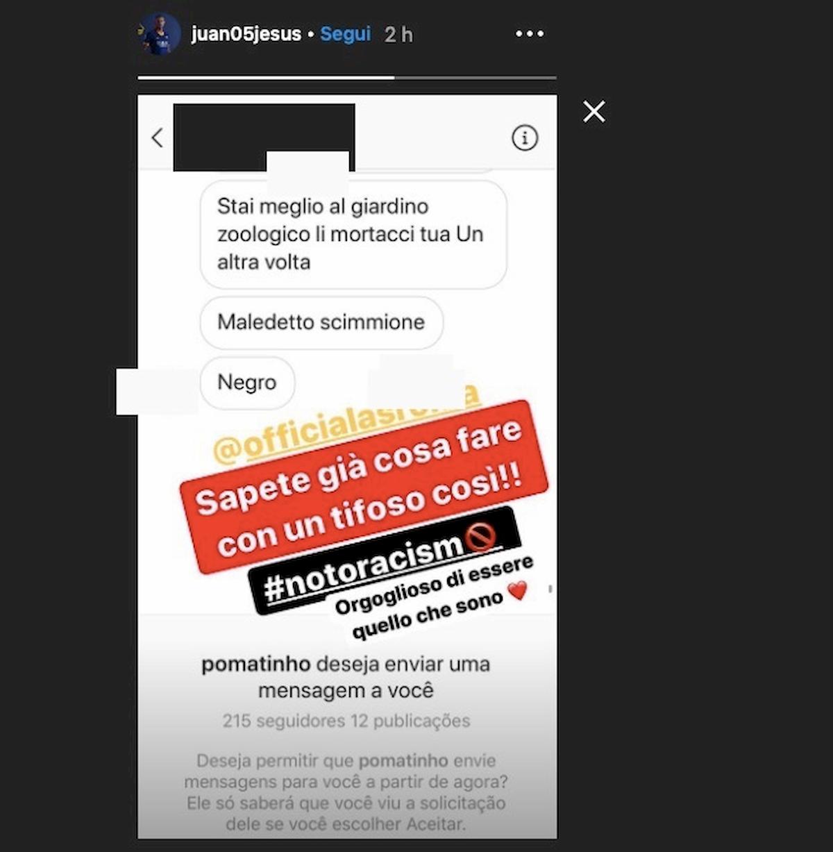 Juan Jesus insulto razzista Instagram Roma intervieni subito