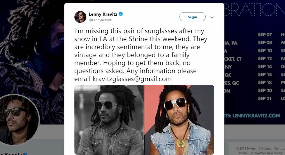 lenny kravitz ha perso gli occhiali