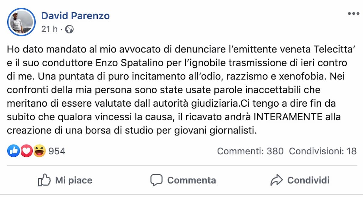 Il post su Facebook di David Parenzo