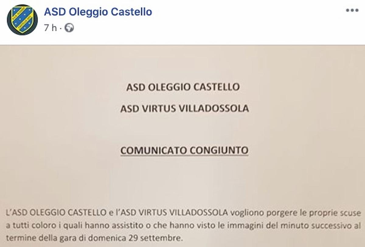 Oleggio Castello Villadossola rissa comunicato congiunto due società
