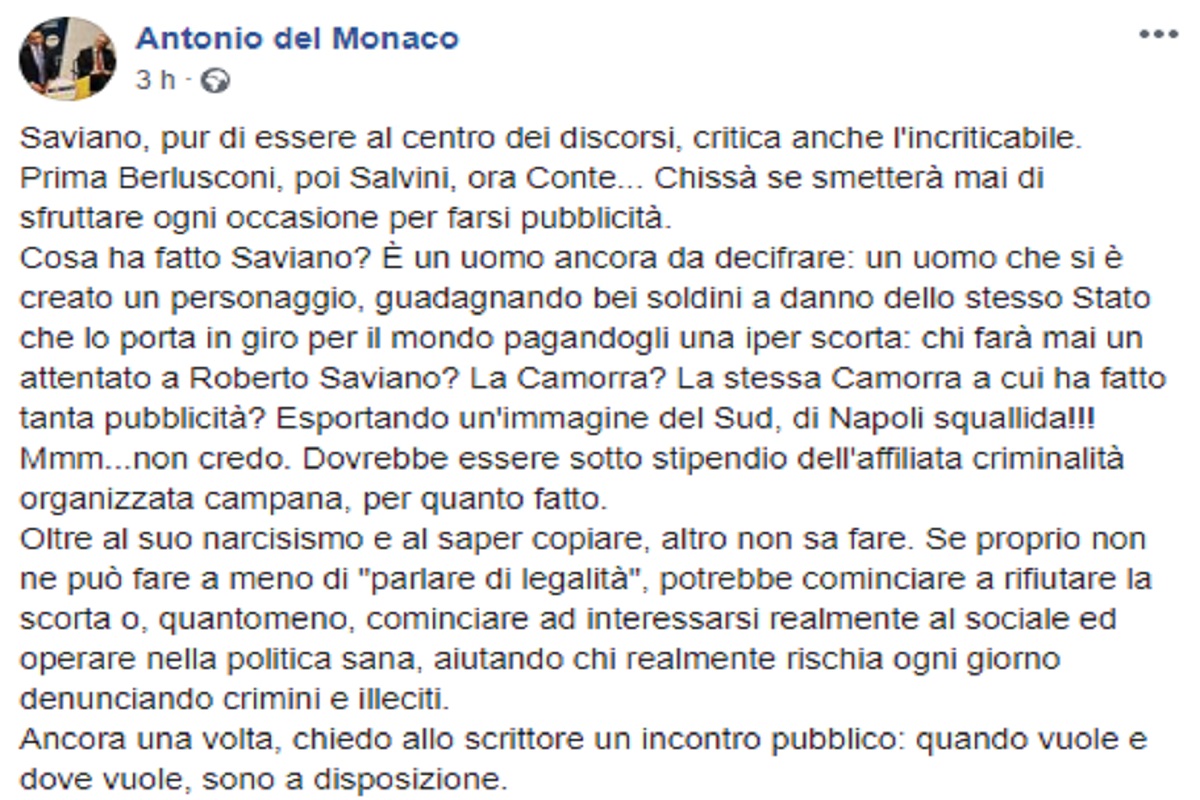 Il post di Antonio Del Monaco contro Roberto Saviano