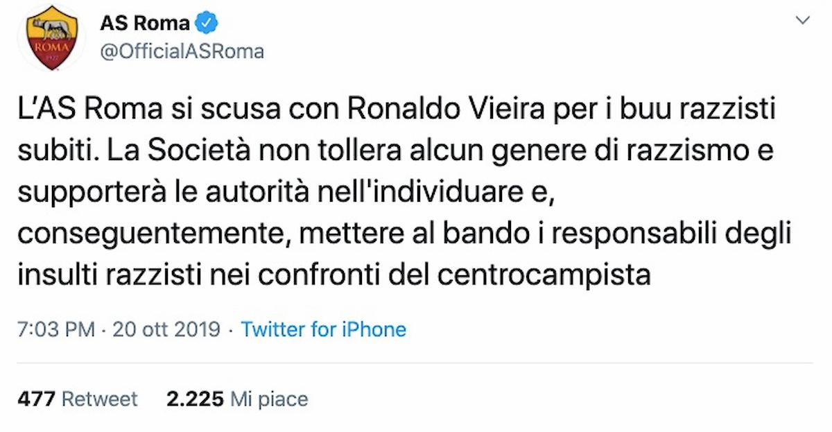 Buu razzisti Vieira Roma si scusa su Twitter prenderemo provvedimenti