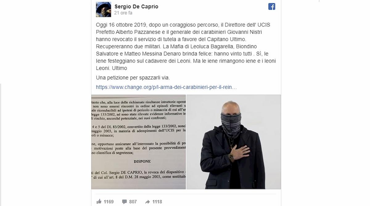 Capitano Ultimo, scorta revocata