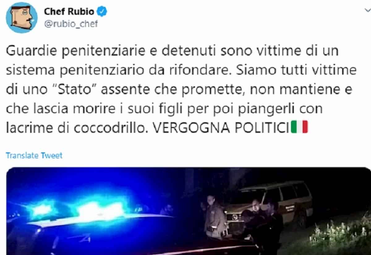 Chef Rubio, tweet contro lo Stato dopo Orta Nova: "Agenti penitenziari sotto stress per colpa dei politici"