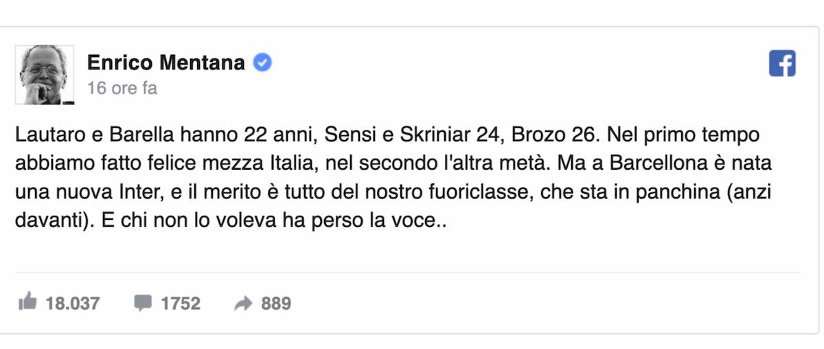 Enrico Mentana Barcellona Inter Conte vero fuoriclasse nerazzurri