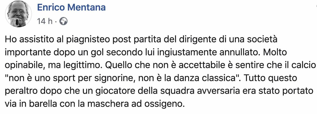 Enrico Mentana Petrachi Roma piagnisteo inaccettabile tifa Inter