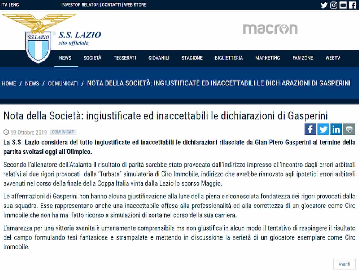 Atalanta, Gasperini accusa la Lazio: "Il loro comunicato è demenziale"