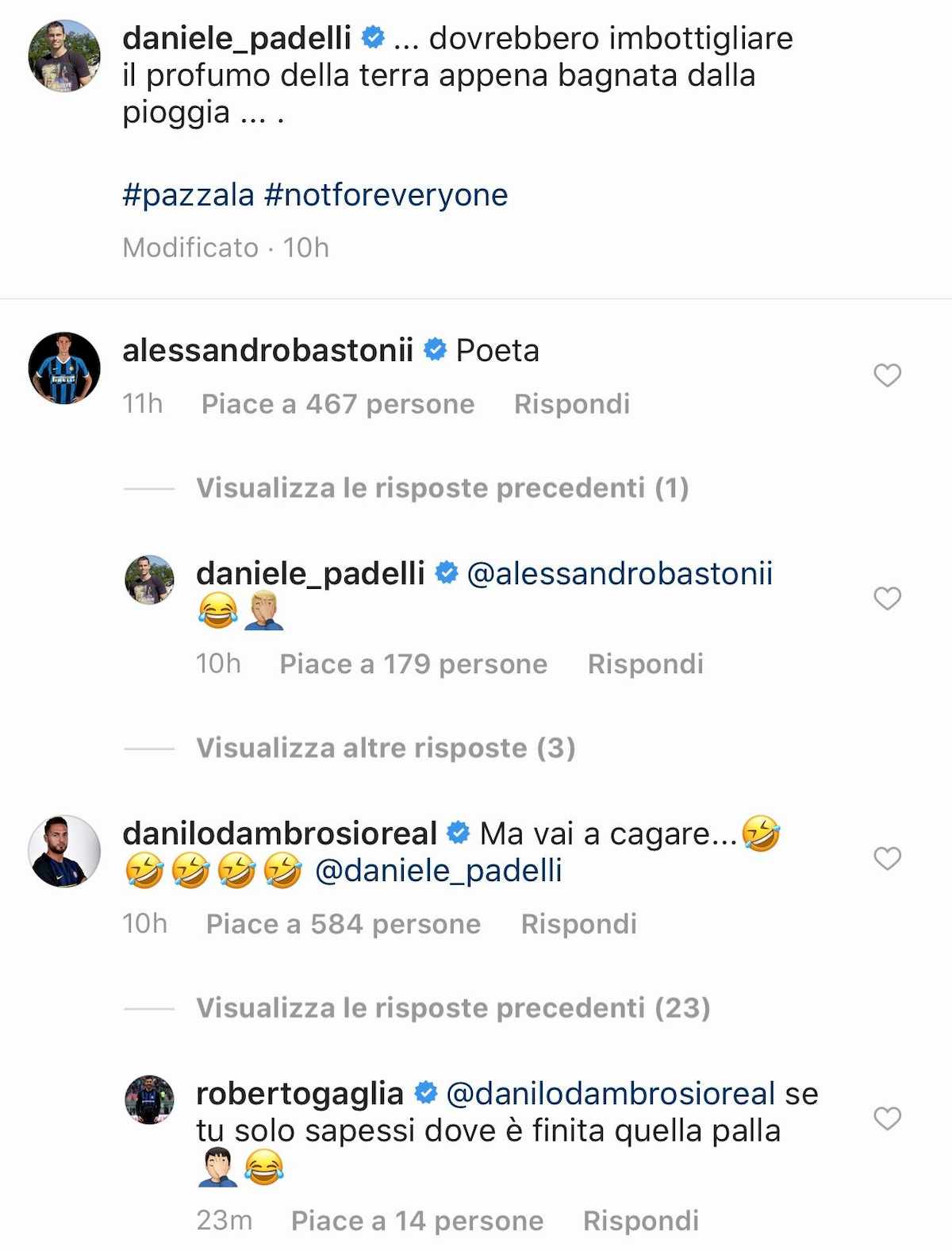 Inter Padelli Instagram sfottò compagni sei un poeta
