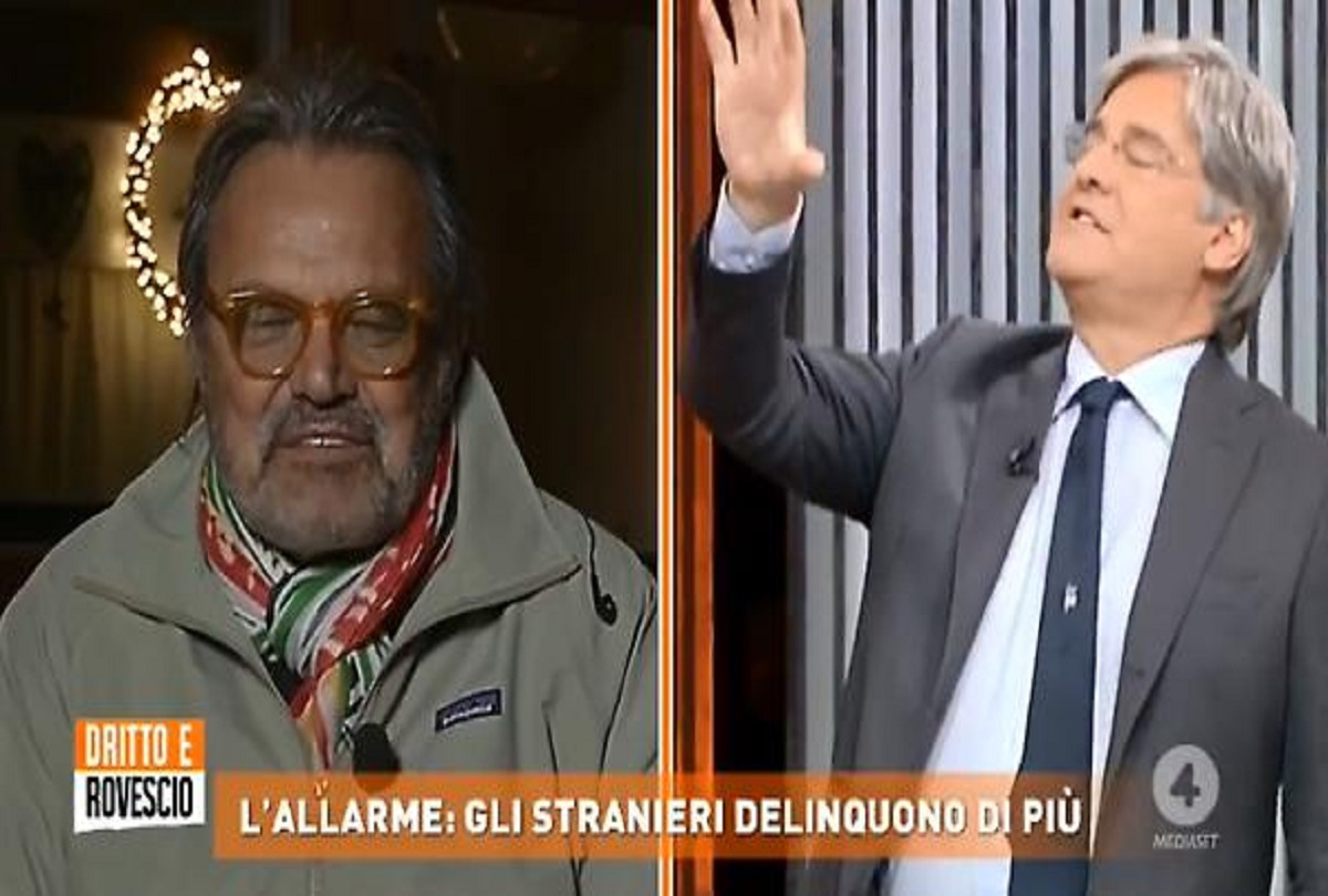 Un momento dello scontro tra Paolo Del Debbio e Oliviero Toscani