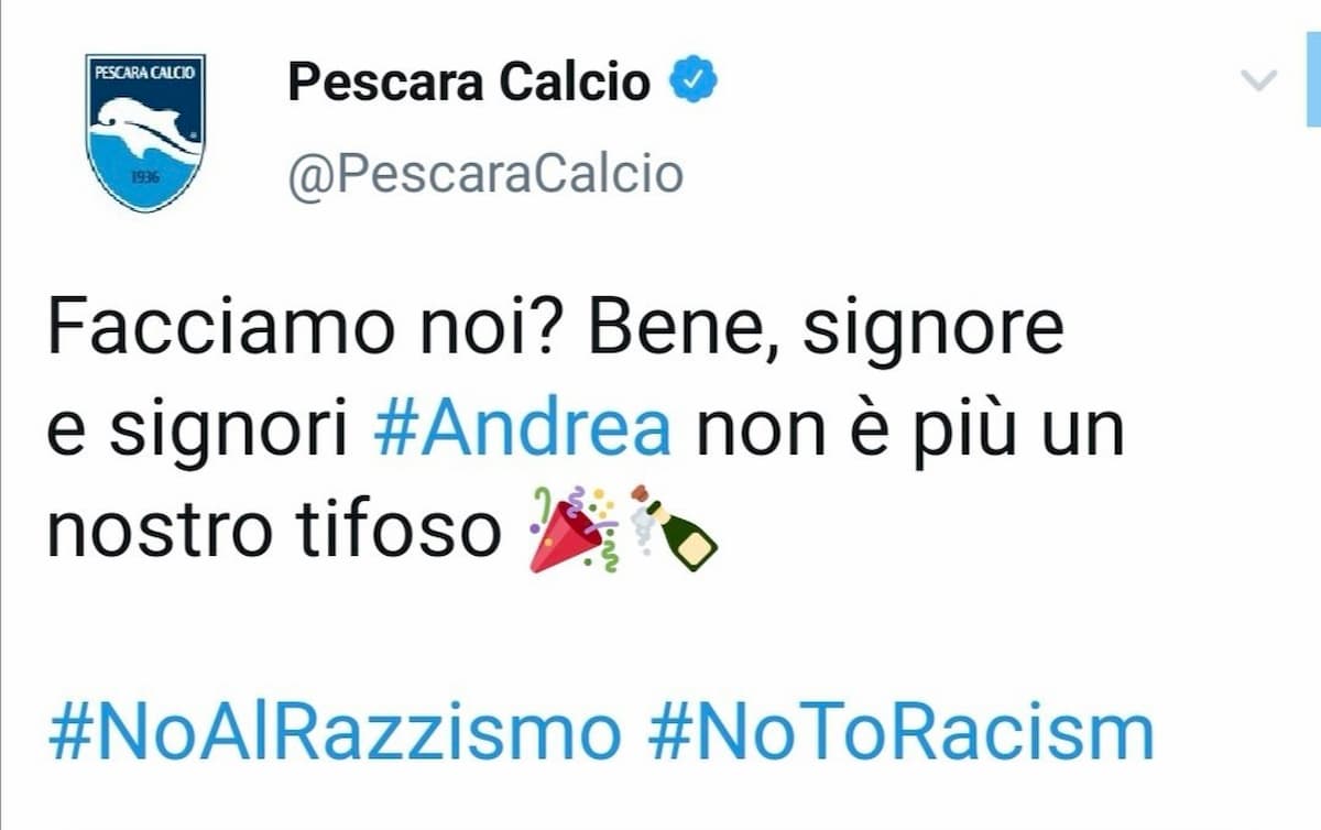 Pescara, tifoso critica società per impegno nella lotta al razzismo. Il club lo "cancella"