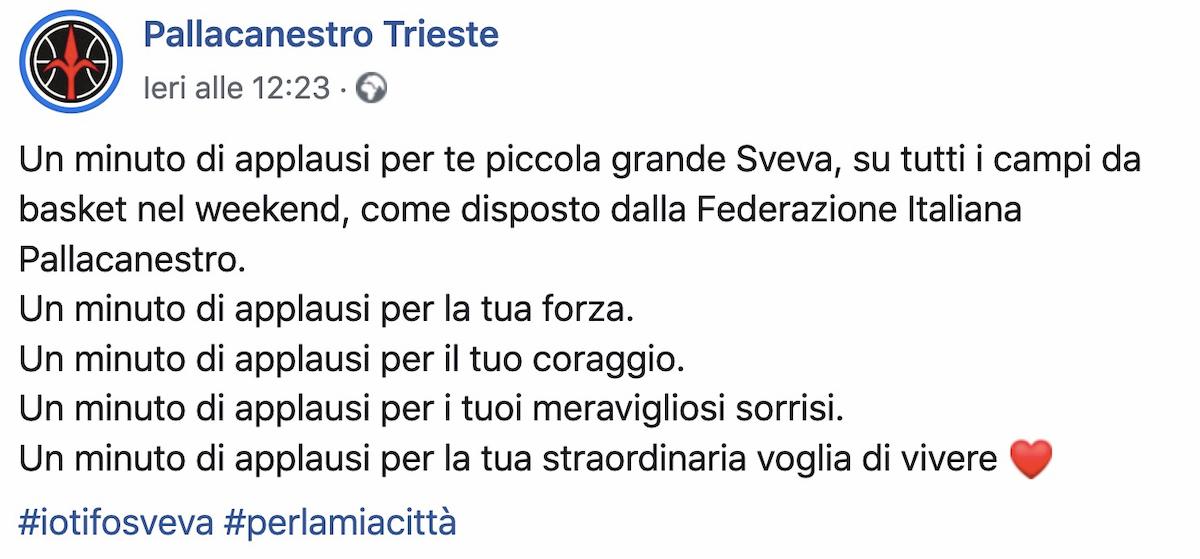 Sveva morta cancro 8 anni basket la ricorda con commozione