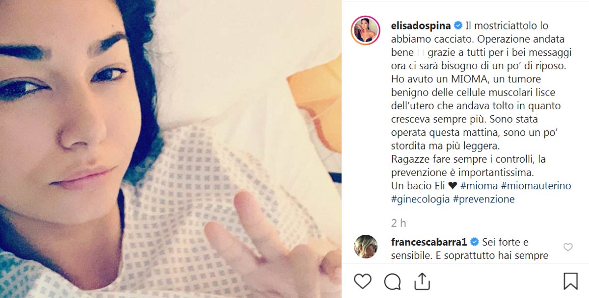Elisa D'Ospina operata per tumore benigno: sto bene