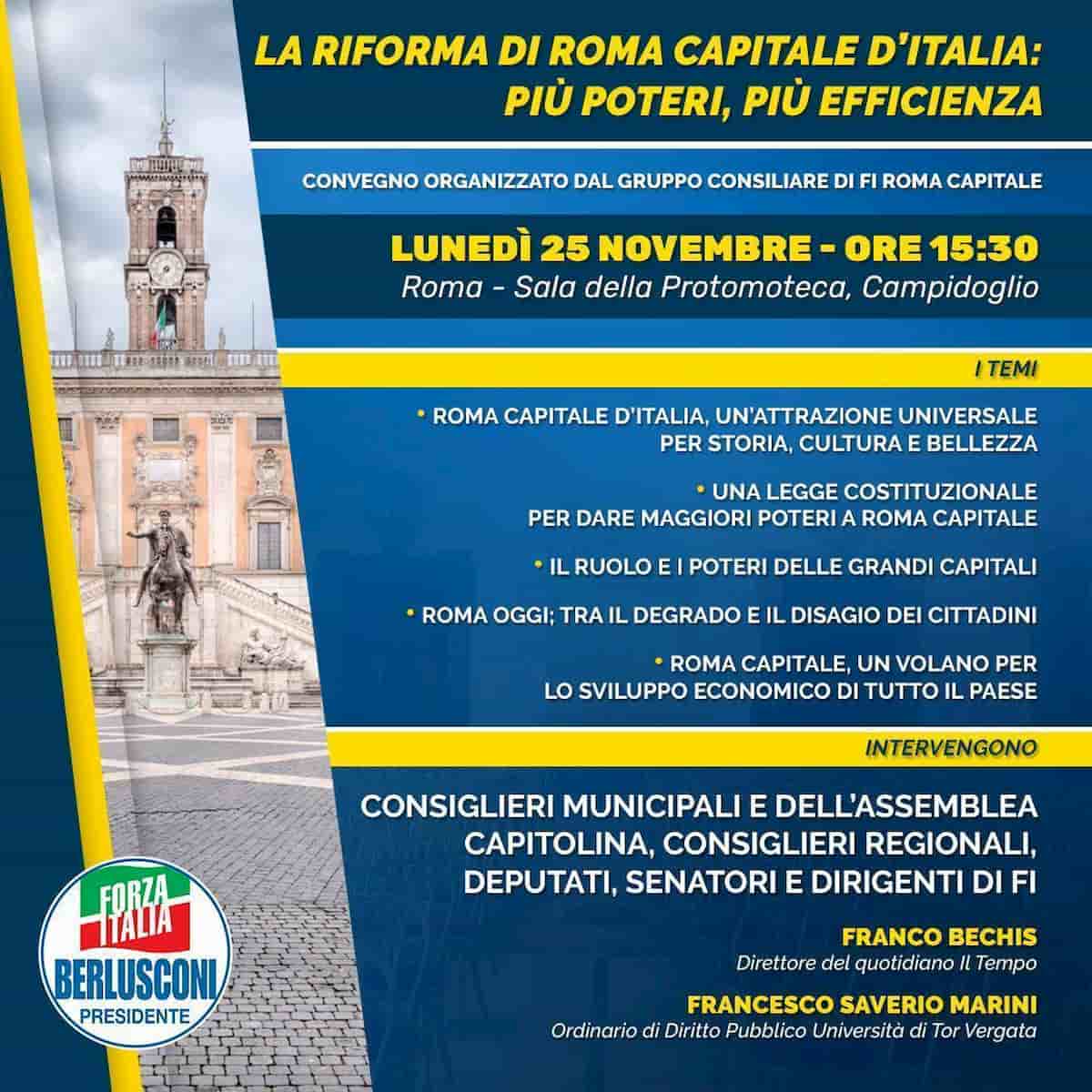 Forza Italia, lunedì 25 novembre convegno “La Riforma di Roma Capitale D’Italia: più poteri, più efficienza”