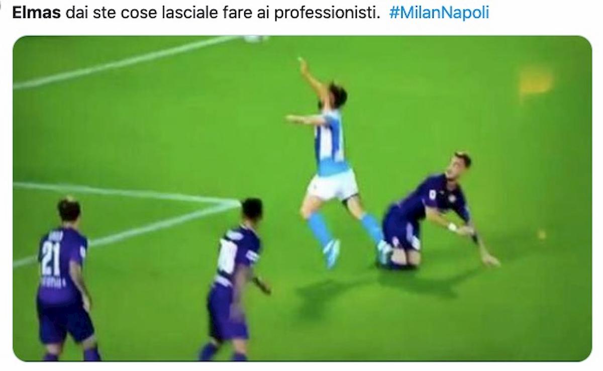 Milan-Napoli, niente rigore: simulazione Elmas. Social ironizzano: Impara da Mertens